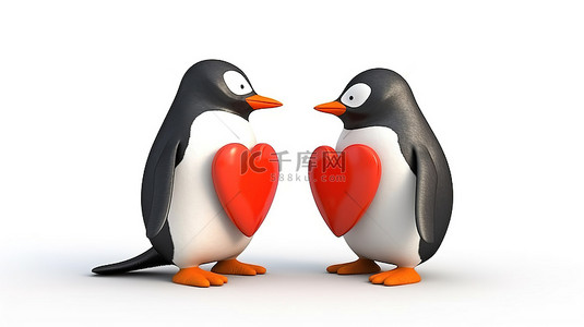 情侣白色背景图片_3d 渲染孤立的企鹅在白色背景下的爱情
