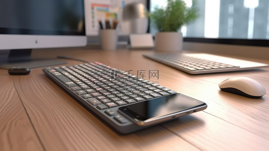 智能办公空间背景图片_办公桌上与手机集成的电脑键盘以 3D 渲染