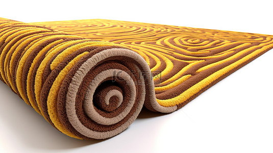 白色背景上柔软的棕色和黄色 3D 渲染室内地毯元素