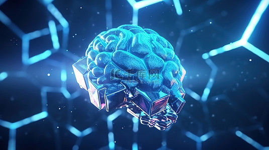 模糊背景下蓝色多边形人工智能机器学习概念的 3D 渲染抽象大脑全息图