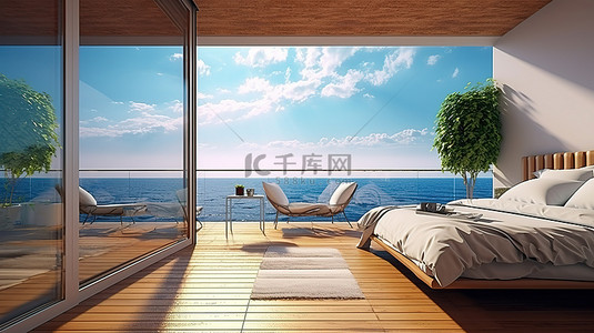 以 3D 方式创建的现代阳台休闲区，可欣赏广阔的海洋和天空景观