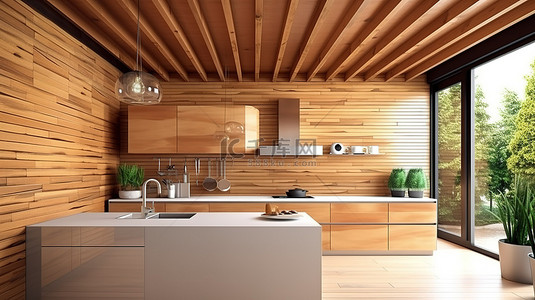 家居清背景图片_现代厨房的生态友好 3D 渲染，以木质立面为特色