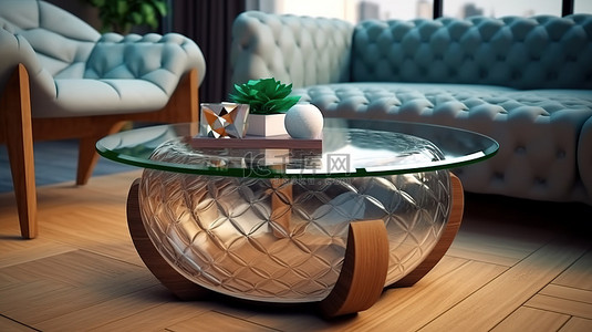 1 客厅的 3D 渲染，配有绗缝玻璃杂志桌和装饰