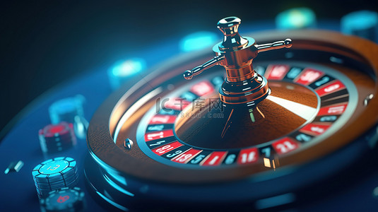 在线赌场环境蓝色背景渲染中的真实 3D 轮盘赌轮和老虎机