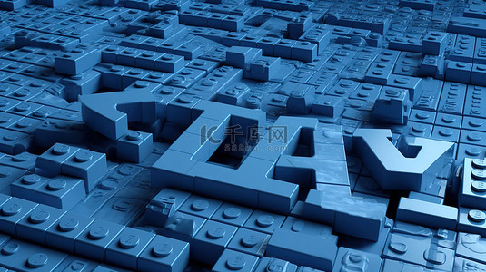 在 3D 渲染中以单词游戏的形状排列的蓝色玩具砖