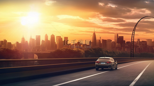 合成器背景图片_风景优美的车道上汽车的令人惊叹的城市景观日落 3D 渲染