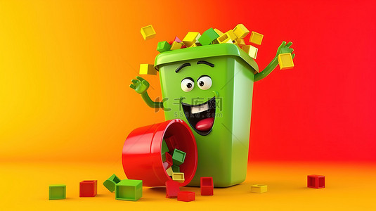 黄色背景下飞行的带有回收标志和红色骰子的绿色垃圾桶吉祥物的 3D 渲染