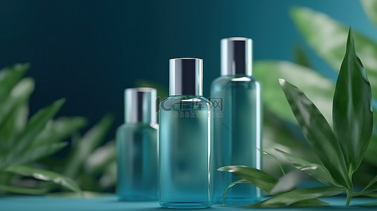 产品护肤品背景图片_有选择地关注蓝色背景和绿色植物美丽的化妆品护肤品包装
