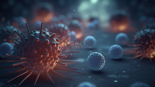 在 3d 渲染的医疗环境中，散焦背景上的抽象病毒细胞