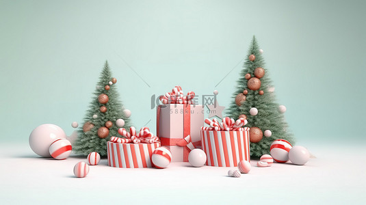 松树礼品盒糖果手杖和圣诞球的 3D 渲染，非常适合圣诞节和新年庆祝活动