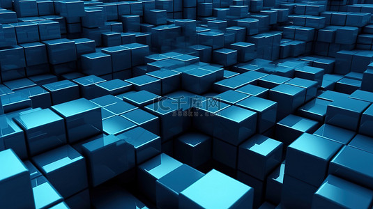 抽象方块几何形背景图片_单色背景上不同行的蓝色方块 3D 插图