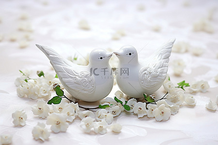 白色雪背景上的白色陶瓷鸟