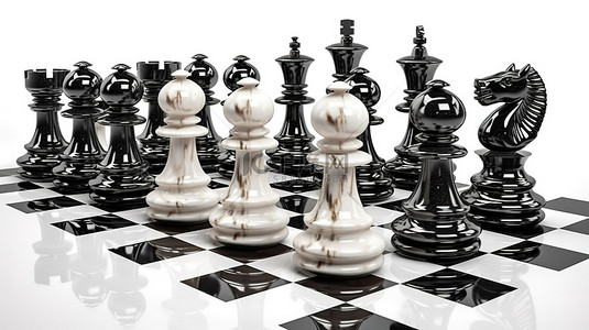 白色背景上的黑白国际象棋的 3D 渲染插图