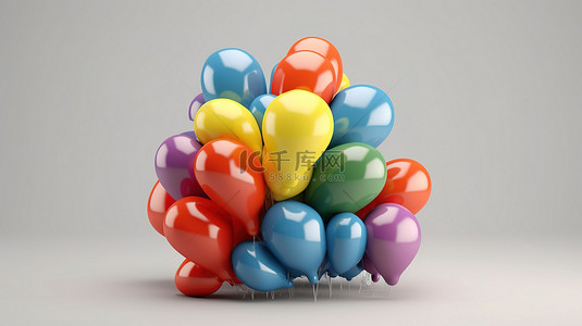 彩色 2 岁生日气球 3D 插图，用于灰色背景下隔离的儿童商店销售