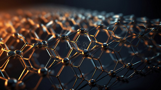 纳米技术背景图片_描述石墨烯原子结构的抽象纳米技术 3D 渲染中六边形几何形式的特写