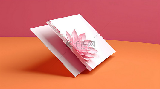 空白的白色小册子模型，在 3D 渲染的充满活力的粉色和橙色背景上有足够的空间进行定制设计