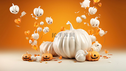 秋季购物海报背景图片_怪异的万圣节购物横幅，配有白色南瓜和气球，带有充足的复制空间 3D 插图