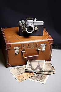 桌子上放着一个老式手提箱，上面有邮票和相机