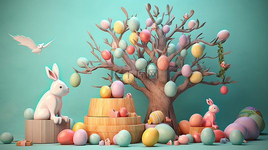 粉色背景树背景图片_快乐的复活节树，满是鸡蛋的巢兔子惊喜和 3D 背景中欢快的小鸡