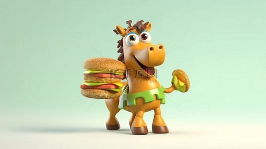 动物马人物背景图片_汉堡包里有 3D 马角色，带有幽默的转折