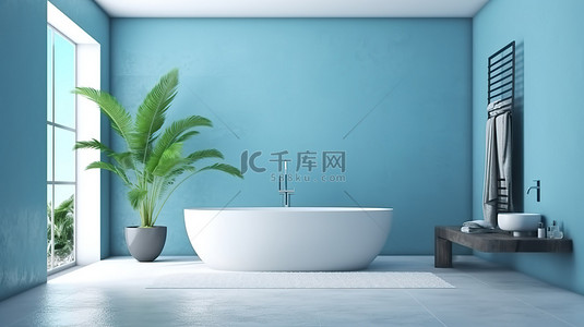 现代蓝色色调浴室设计，配有混凝土地板白色浴缸和淋浴 3D 渲染