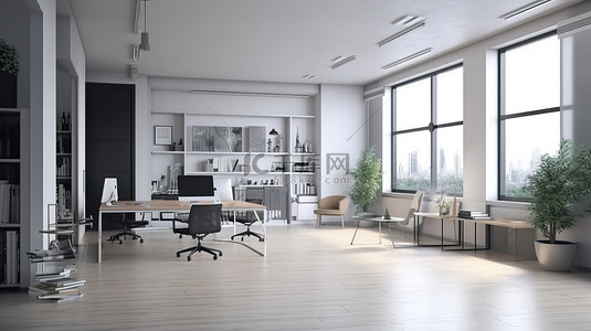 现代风格的办公室内部渲染与 3D 插图和场景模型