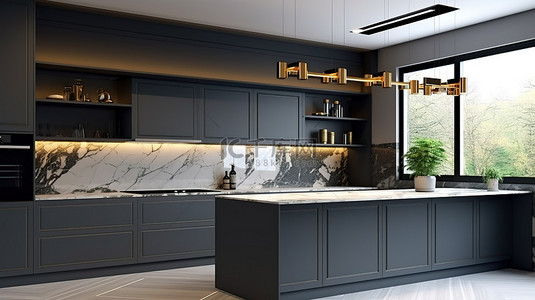 深灰色背景图片_现代厨房设计，配有别致的深灰色橱柜和大理石装饰 3D 渲染