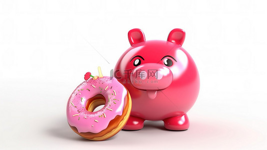 粉色釉面甜甜圈吉祥物，带有存钱罐和白色背景上 3D 渲染的金币