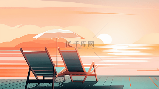 沙滩大海海报背景背景图片_旅游夕阳背景插画