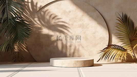抽象混凝土墙背景上带有遮阳阴影和棕榈叶的空石讲台的简约模型的 3d 渲染