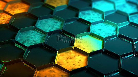 科技感背背景图片_1 3D 渲染六边形抽象背景，具有未来派绿色和蓝色渐变背光