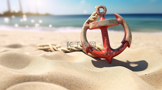 迪拜海滩背景图片_3d 在阳光明媚的沙滩上在白色背景下渲染航海锚和救生圈的特写