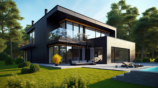 外觀設計背景图片_夏季现代黑色住宅的 3D 插图