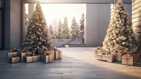 现代家庭的大露台，带圣诞树和 3D 渲染礼品盒