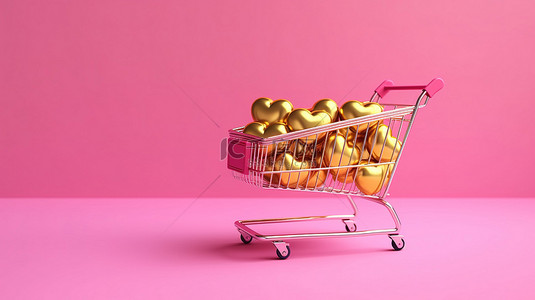情人节购物销售横幅，粉红色背景上带有金心概念，以 3D 渲染