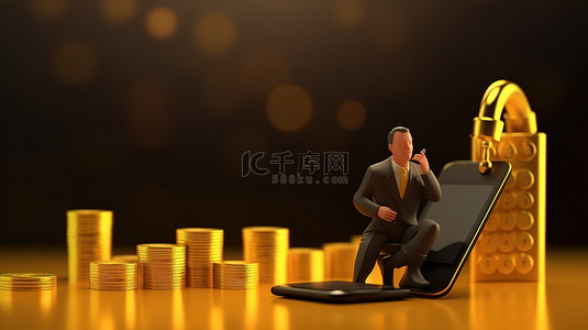 使用电话设备金币和图形概念从事金融业务的男性角色的 3D 渲染