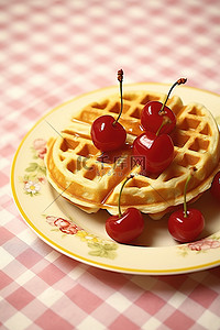 樱桃的水果背景图片_一盘有两个华夫饼和樱桃的盘子