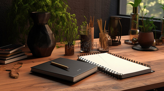 品牌推广方案背景图片_用于在木桌 3D 渲染上做广告或品牌宣传的空白笔记本的模型