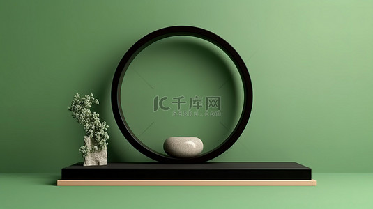 具有日本影响力和产品展示绿色背景的抽象讲台的 3D 渲染