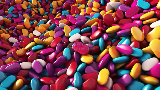 医疗保健和医学背景中彩色药丸 3D 插图的级联