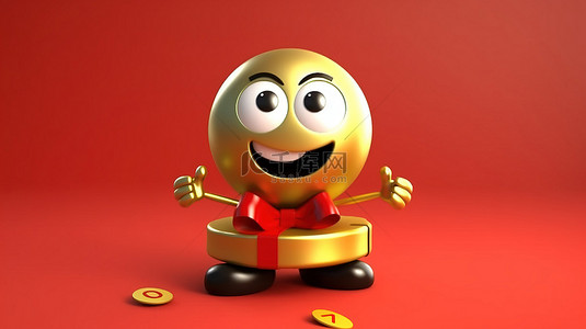 金色禮盒背景图片_金色吉祥物角色的 3D 渲染，为黄色背景的忠诚计划会员提供带红丝带的奖金礼盒