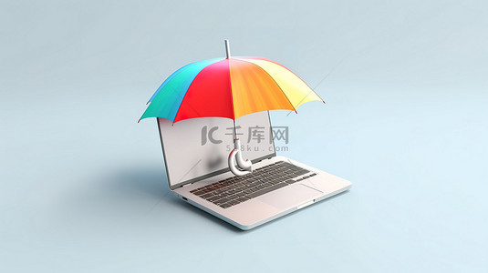 黑客攻击背景图片_白色雨伞为笔记本电脑提供庇护 3D 插图