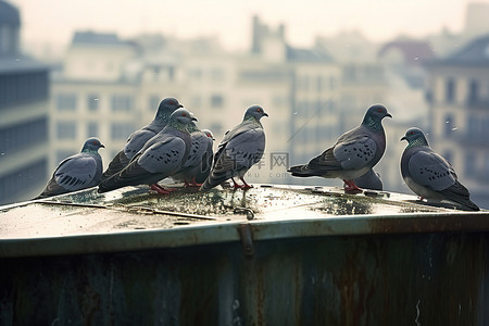 一群鸽子背景图片_金属罐顶上的一群鸽子