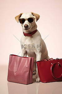 狗坐在购物袋和太阳镜前