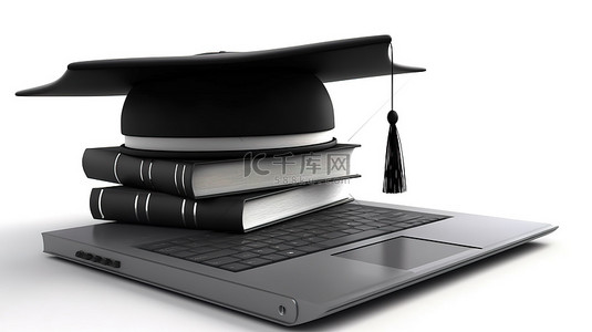 白色背景下笔记本电脑和毕业帽的 3D 渲染