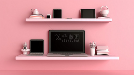 科技感ppt横板背景图片_粉色墙架上的科技三重奏笔记本电脑手机和平板电脑 3D 插图