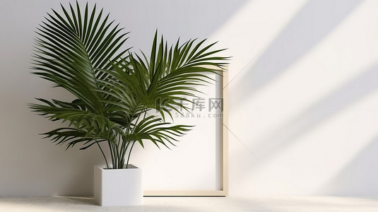 白墙上显示的空白海报框架模型上投射的棕榈叶阴影的 3D 插图