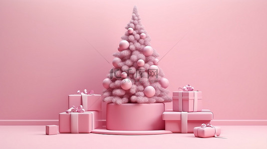 粉红色背景圣诞树横幅的 3D 渲染，讲台上配有礼品盒