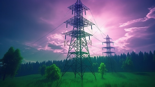 高压输电塔与茂密树叶的 3D 渲染中描绘的绿色能源概念