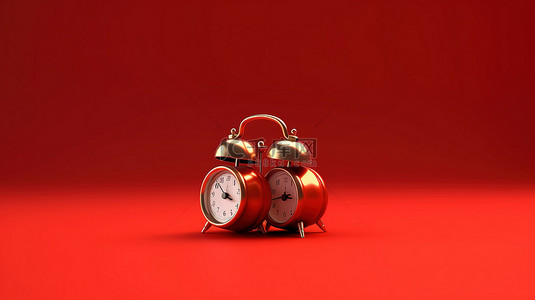 卡通时间背景图片_3D 渲染的微型闹钟，在充满活力的红色背景上带有双铃